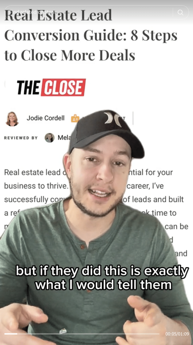 Screenshot of Shawn King TikTok with him in front of a The Close article titled: Real Estate Lead Conversion Guide: 8 Steps to Close More Deals.