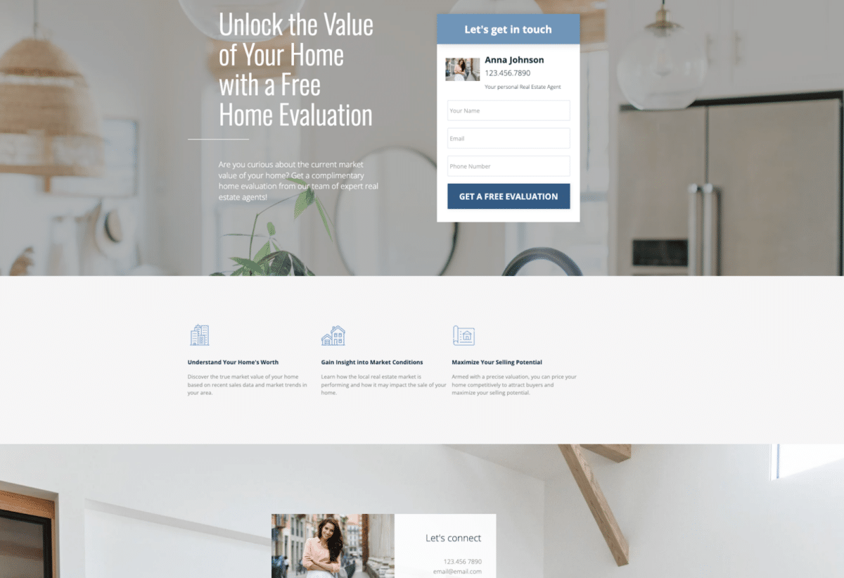 Screenshot of a landing page template with a free home evaluation as the lead magnet