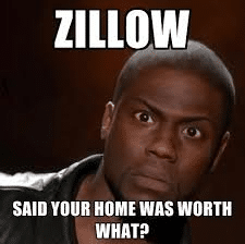 Actor Kevin Hart making a confused face with the words, "Zillow said your home was worth what?"