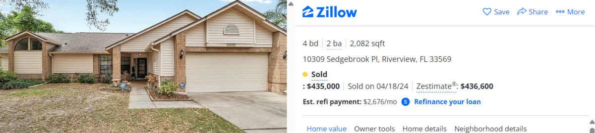 Zillow property listing with sold price and Zestimate at different price points.