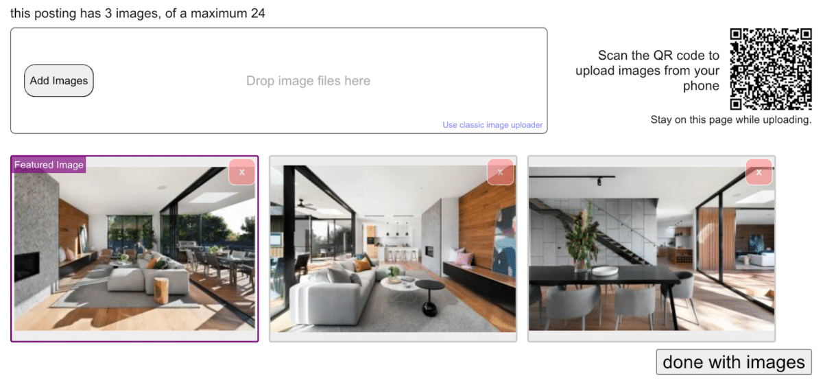 Page for uploading property photos for a real estate post on Craigslist