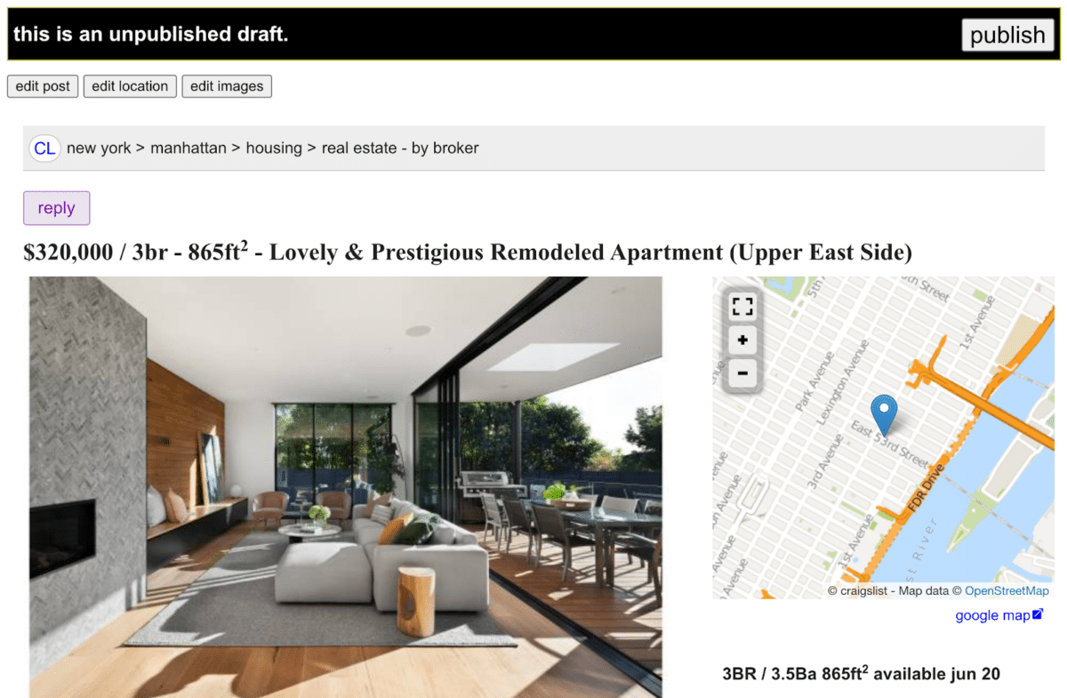 Preview of the Craigslist real estate listing draft