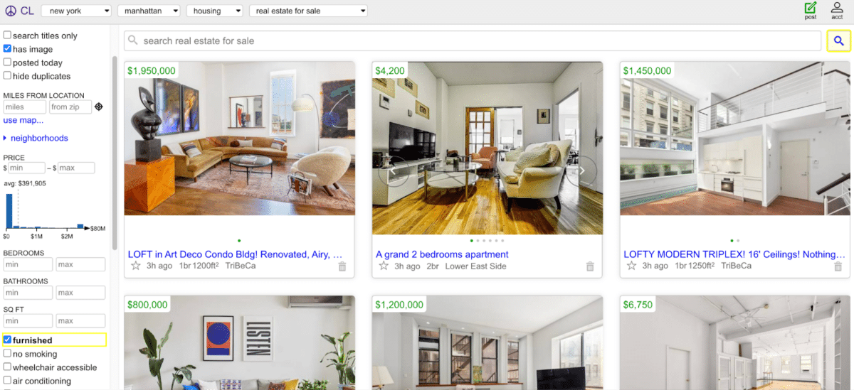 Screenshot of Craigslist's search results page for real estate posts in Manhattan, NY