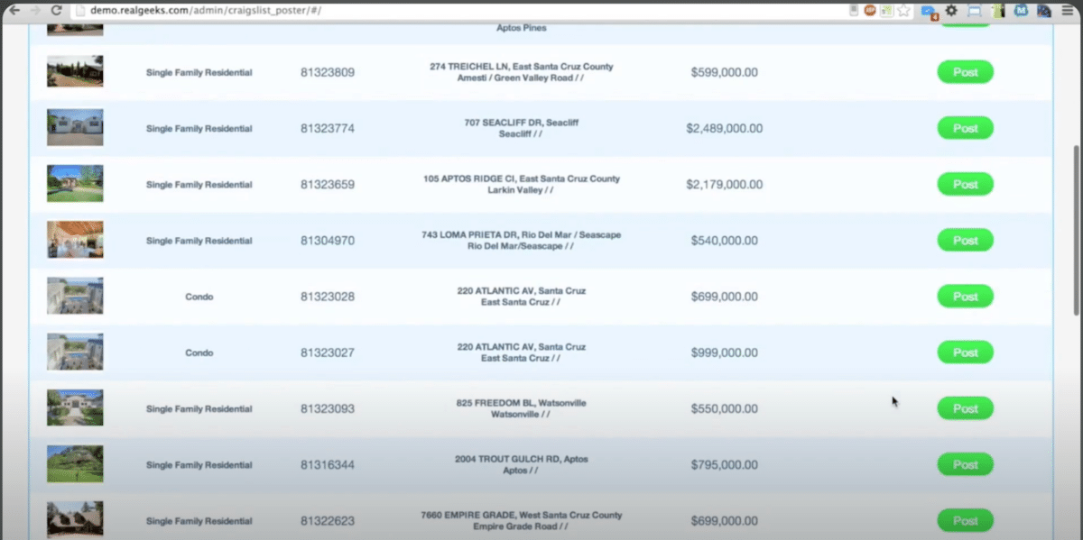 Screenshot of Craigslist posting tool from a Real Geeks demo video on YouTube