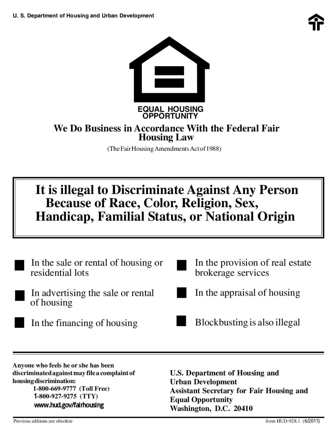 A copy of the Equal Housing Opportunity poster from the US Department of Housing and Urban Development