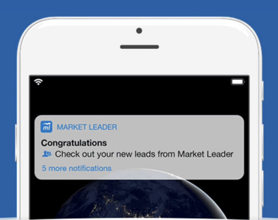 Mobile phone with new lead notification pop-up.