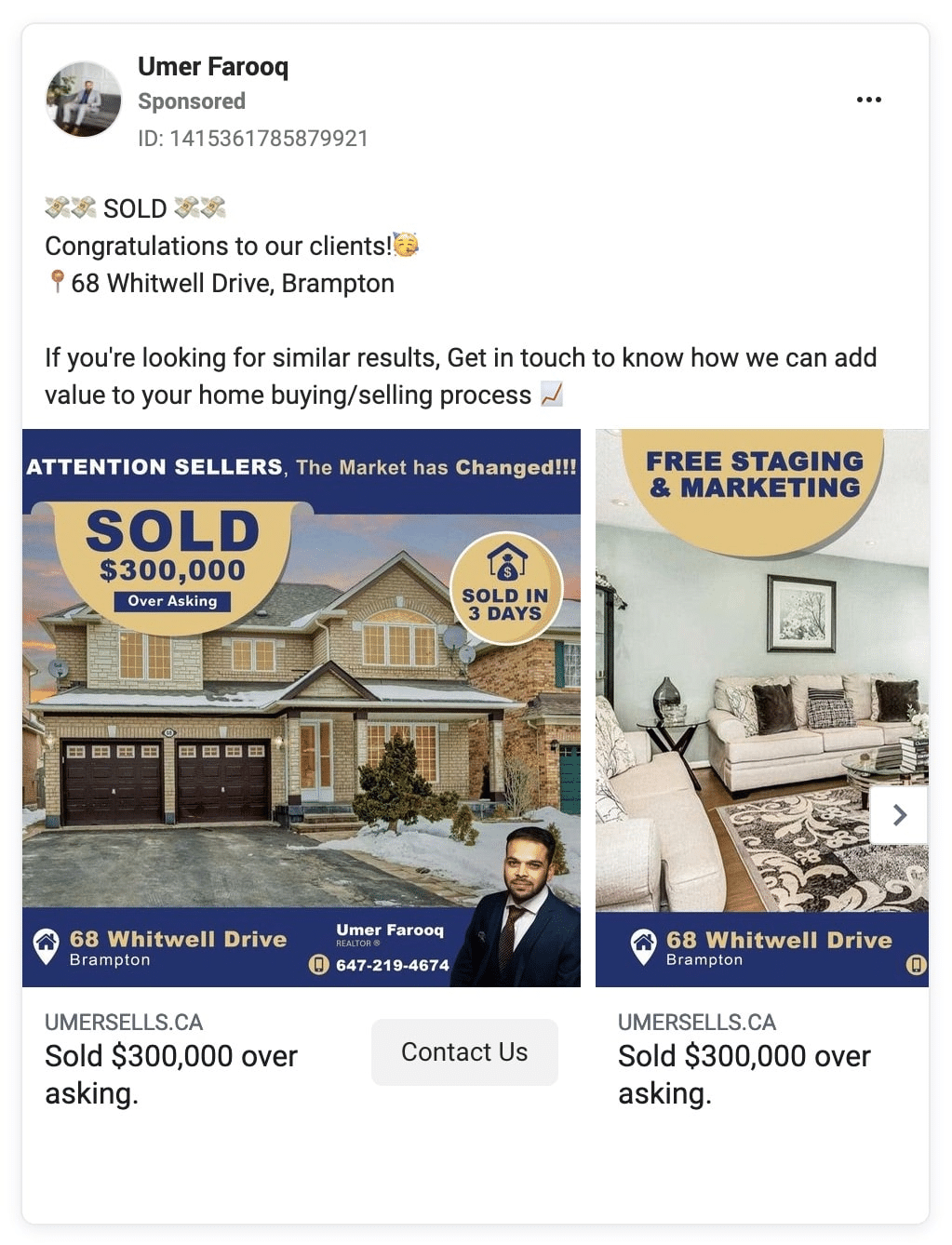 Screenshot of a Facebook ad with an image of property and agent contact information.