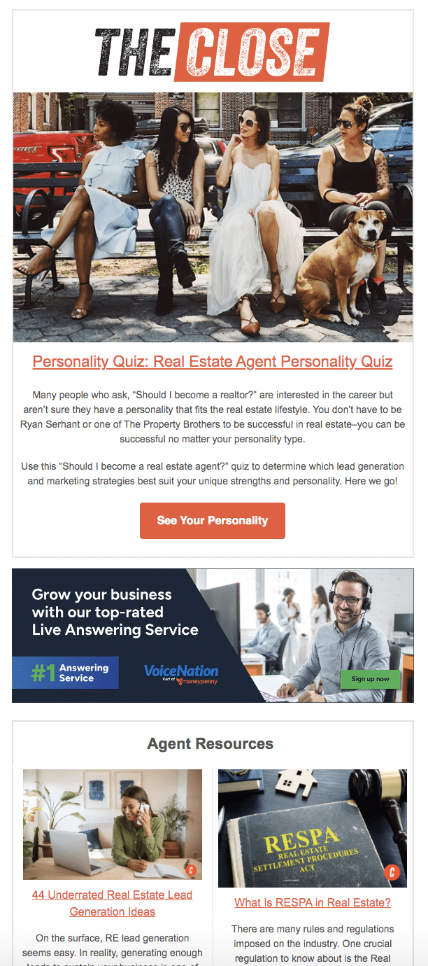 Screenshot of agent newsletter containing a quiz and agent resources