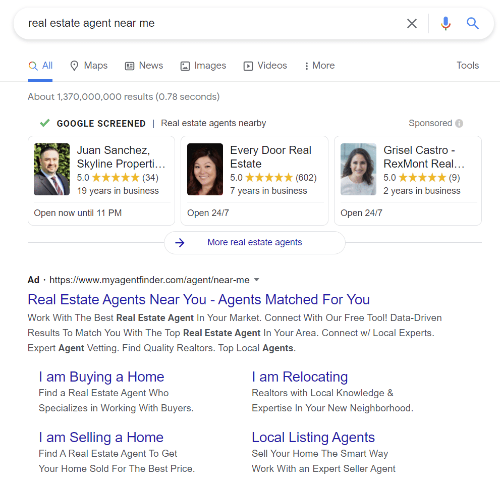 Screenshot of Google ad with agent headshot and contact information