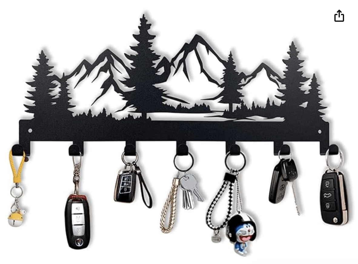 Black keyholder with mountain image and keys hanging from it