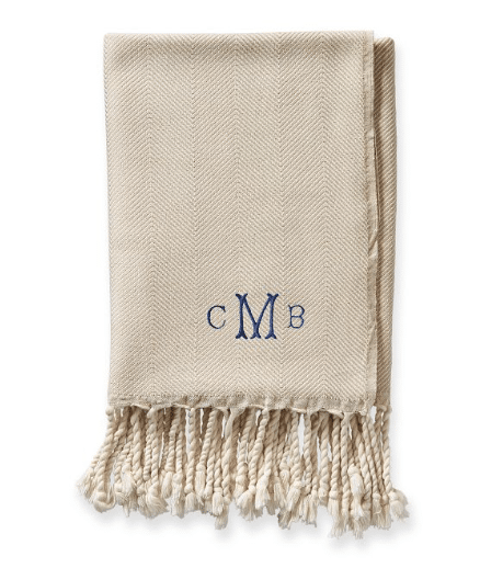 Tan throw blanket with blue initial embroidery