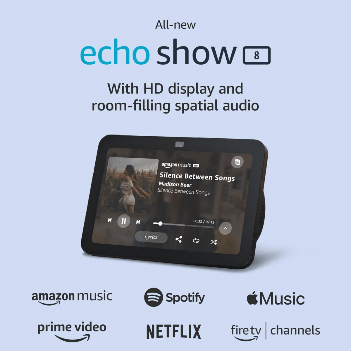 Screenshot of an Amazon echo show above logos of the apps that can be used with device