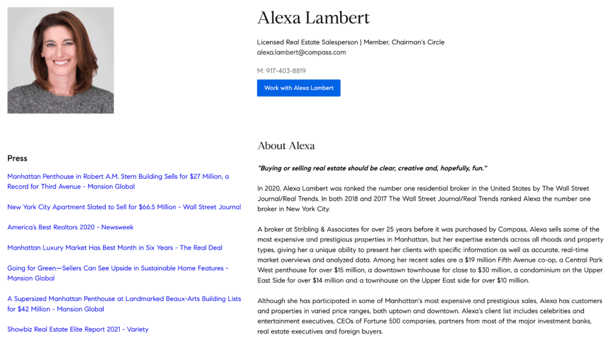 Screenshot of Alexa Lambert's realtor bio