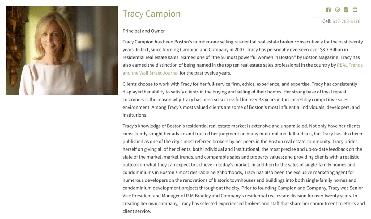 Screenshot of Tracy Campion's real estate agent bio