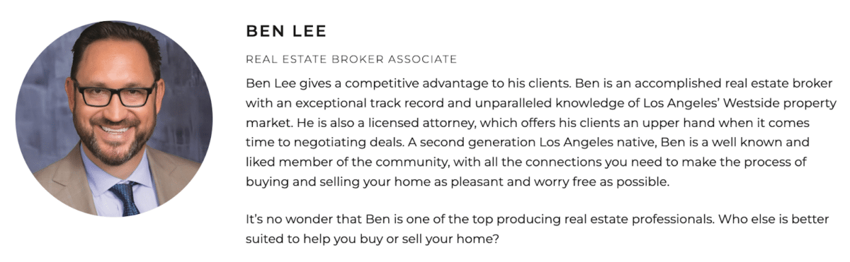 Screenshot of Ben Lee's real estate agent bio