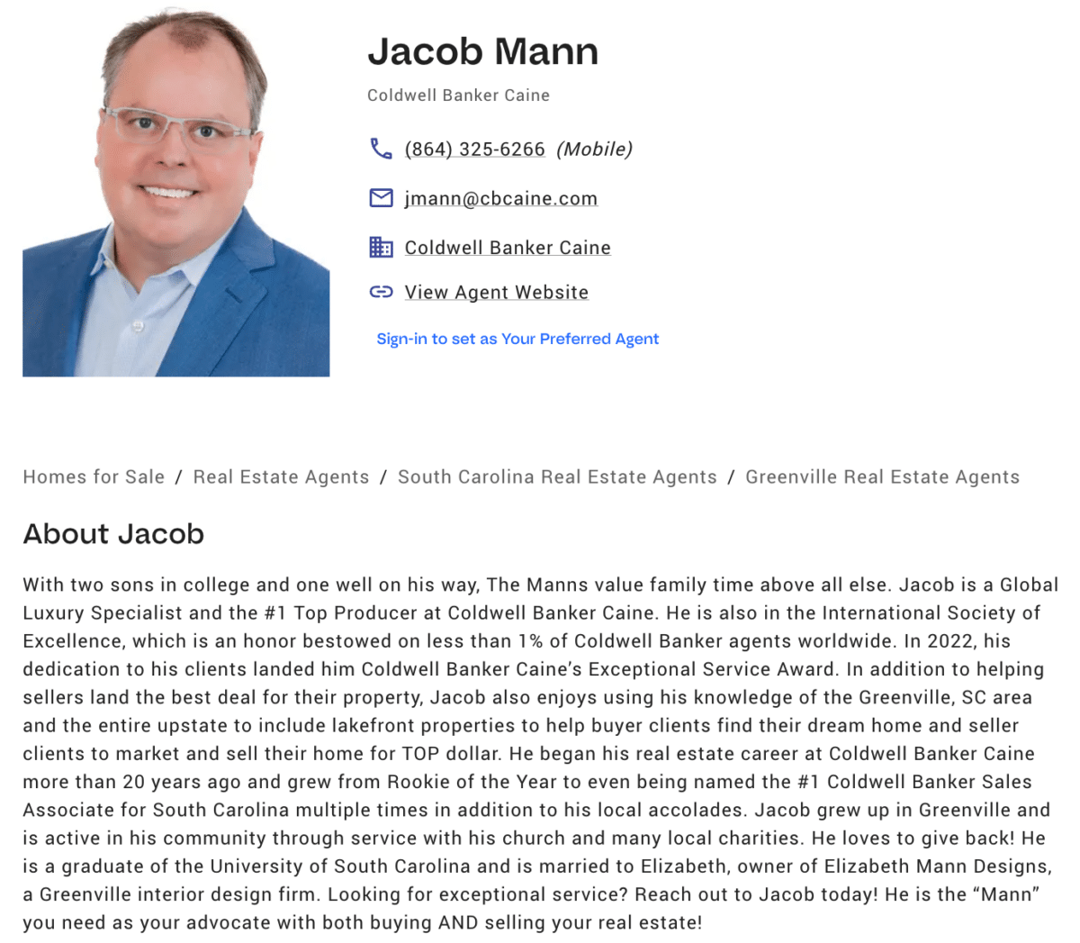 Screenshot of Jacob Mann's realtor bio