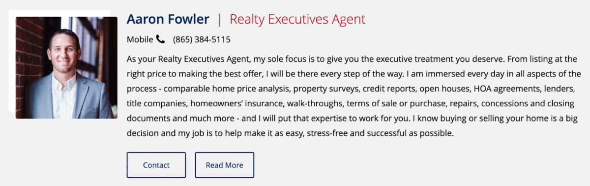 Screenshot of Aaron Fowler's realtor bio