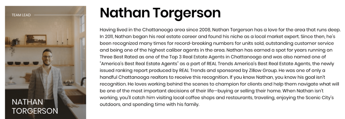 Screenshot of Nathan Torgerson's real estate agent bio