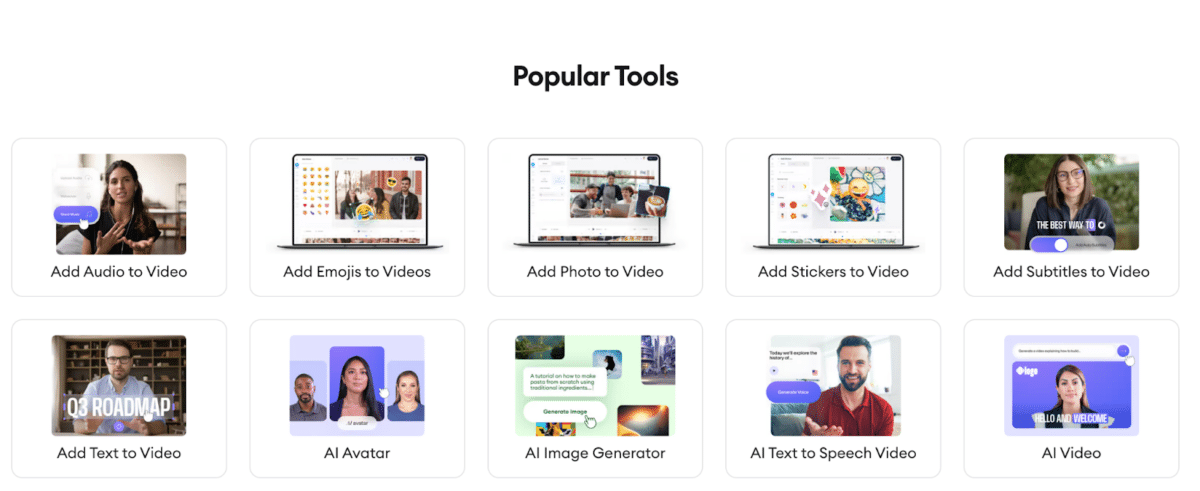 Screenshot of available AI tools offered in VEED.IO