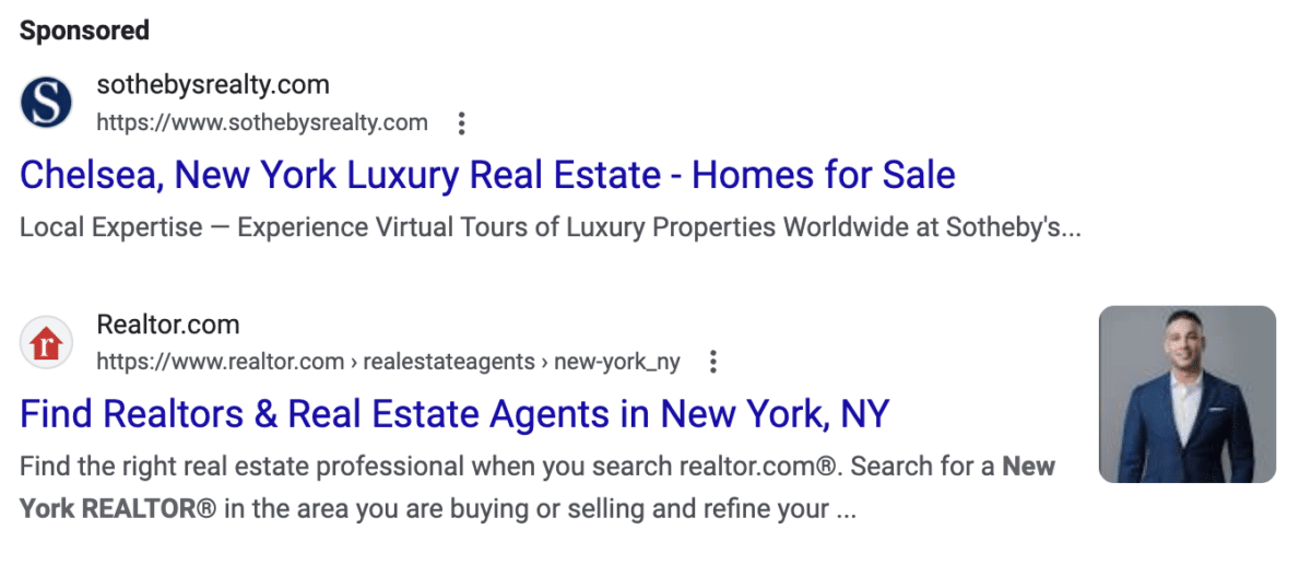 Screenshot of real estate agent sponsored Google ad