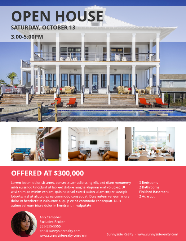  Colorful open house flyer showing waterfront home