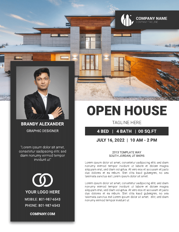 Black and white open house flyer template with agent headshot