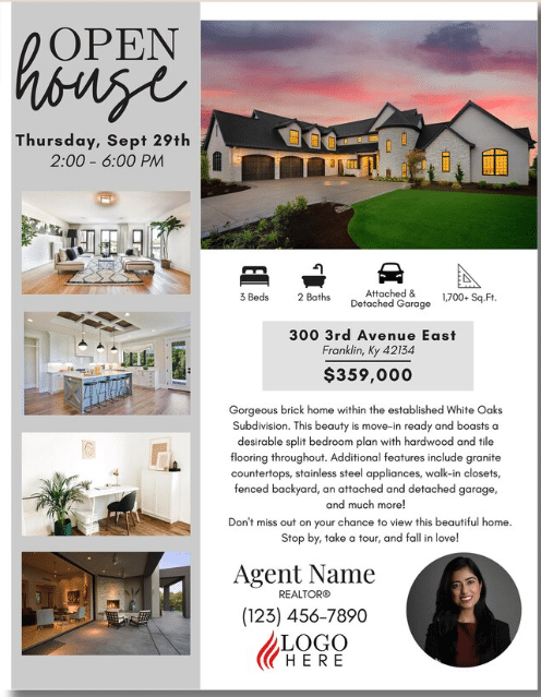 Open house flyer with property photos and details