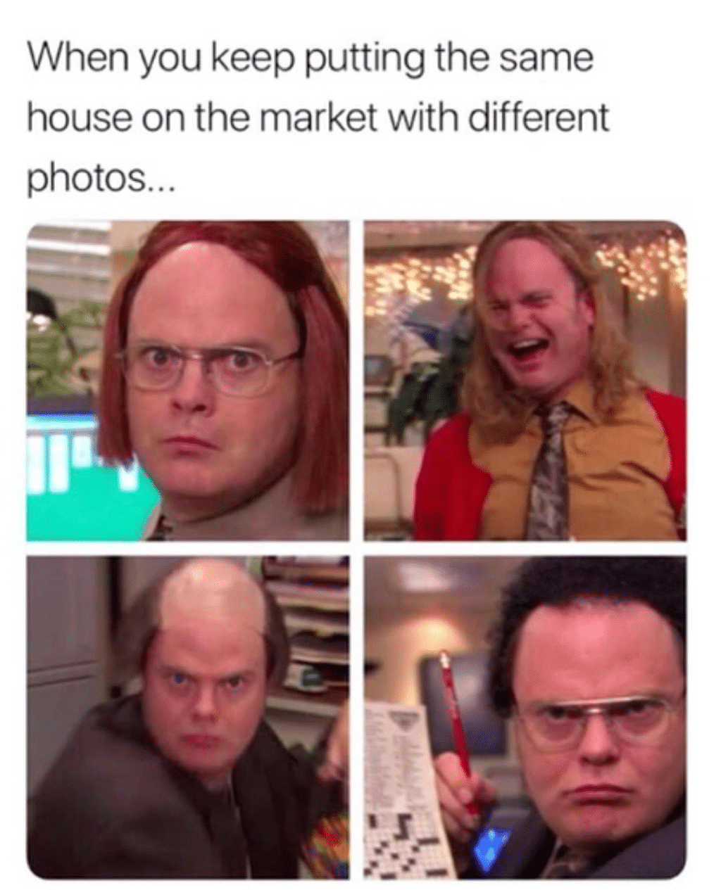 A person in four different pictures with a different wig on and facial expression in each.