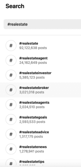 Screenshot of the Search box on Instagram with the results for #realestate listed beneath the search box.