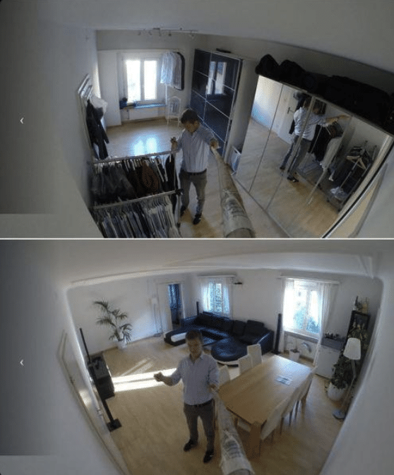 Two images of a man holding a selfie stick in two different rooms of a house.