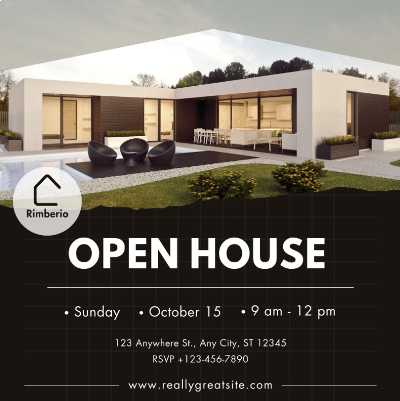 Modern black template of an open house announcement