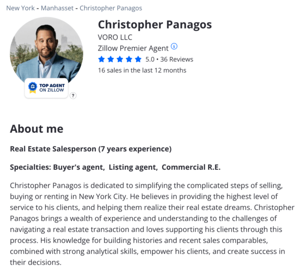 Screenshot of a Zillow Premier Agent's profile