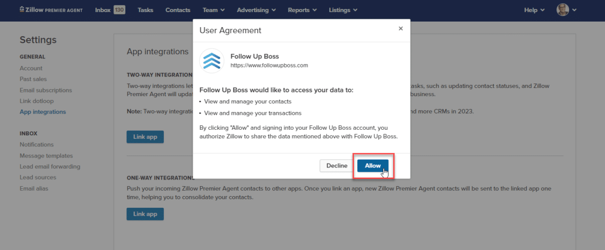 A screenshot of Zillow Premier Agent settings when syncing it with Follow Up Boss CRM