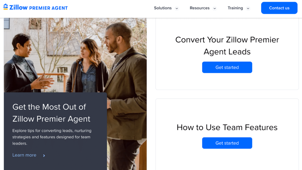 A screenshot of Zillow Premier Agent's training resources page