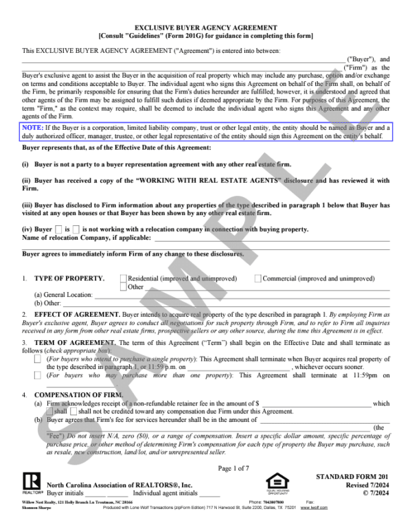 Sample copy of Page 1 of a buyer agency agreement in North Carolina.