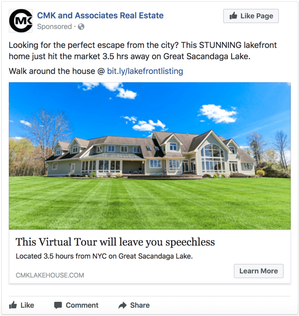 Facebook ad with large home with sprawling lawn