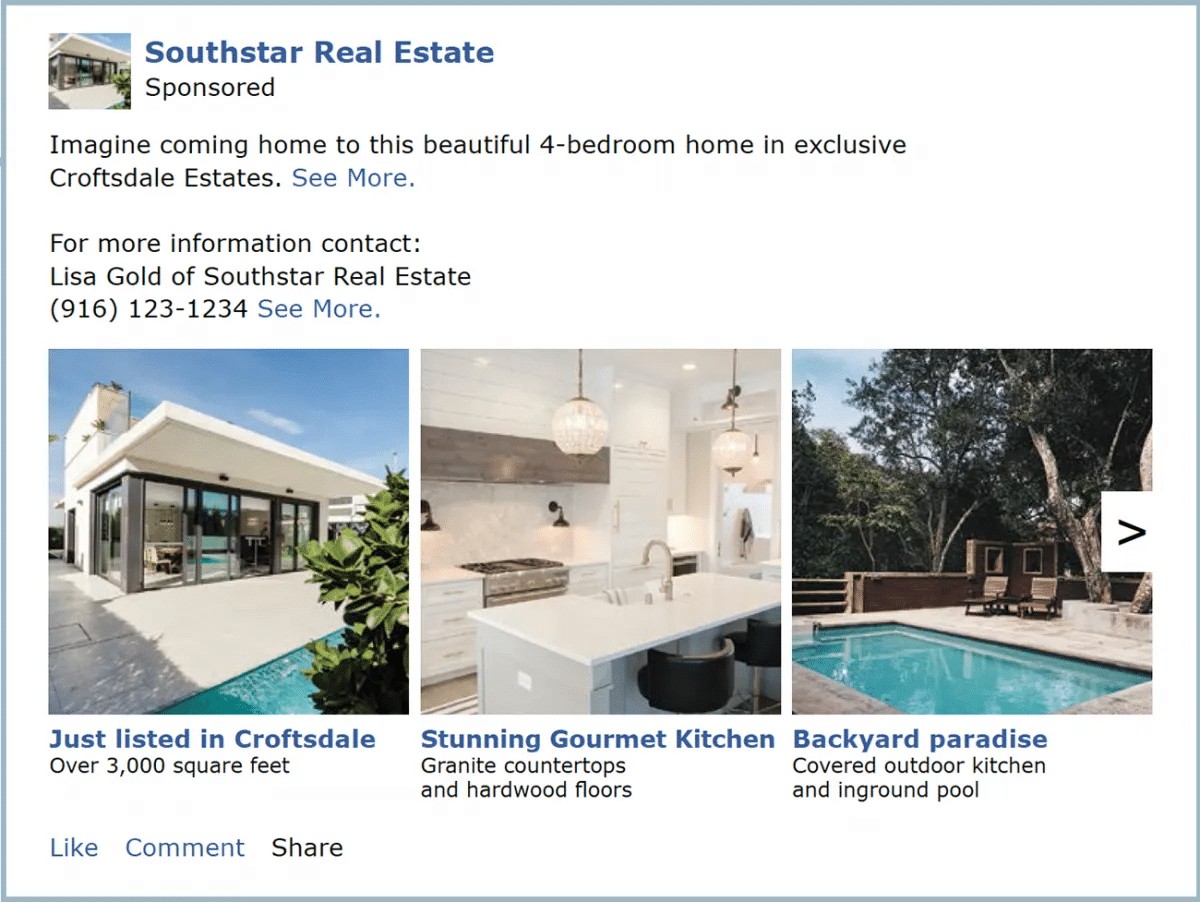  Facebook ad with multiple images of different rooms of a listing