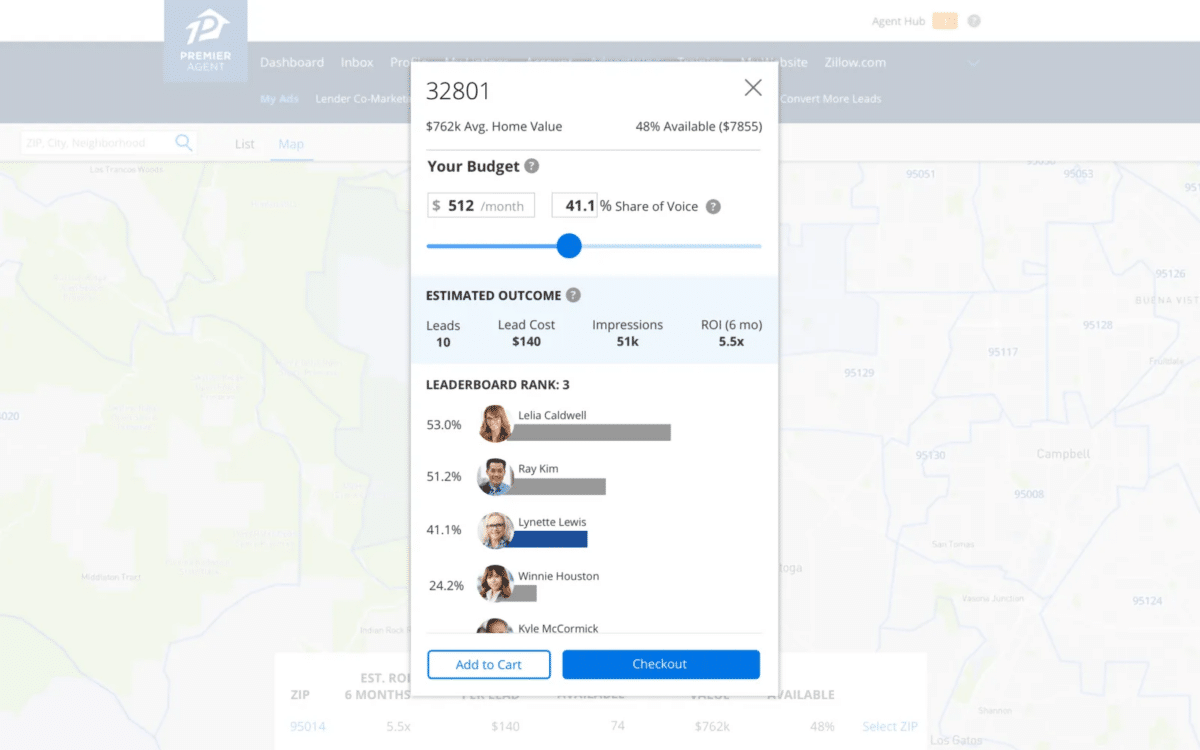 Screenshot of Zillow Premier Agent's interface after an agent selects a ZIP code