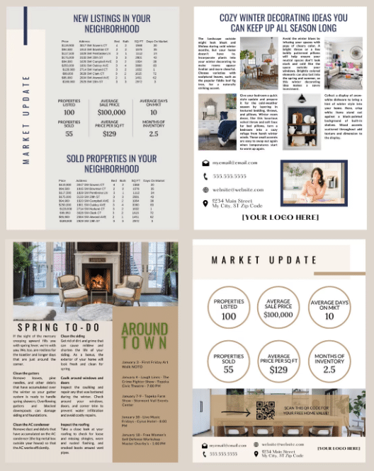 Four real estate newsletter templates with market updates, sold properties in the neighborhood, things to do in town during spring, and cozy winter ideas