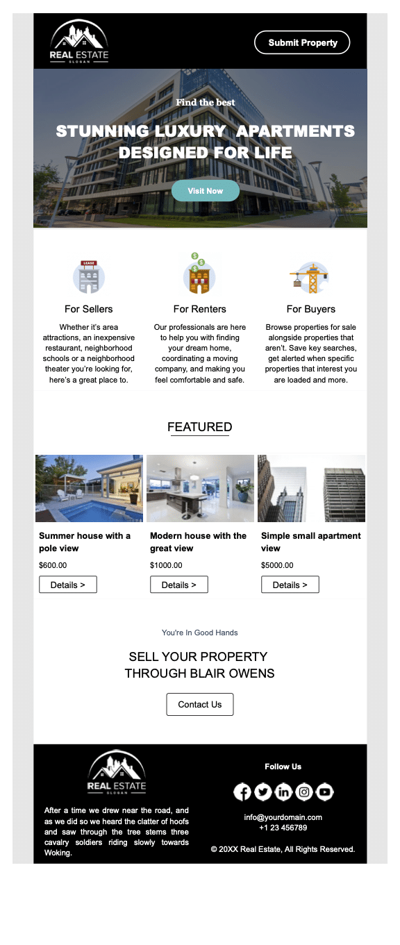 An email newsletter template featuring luxury listings