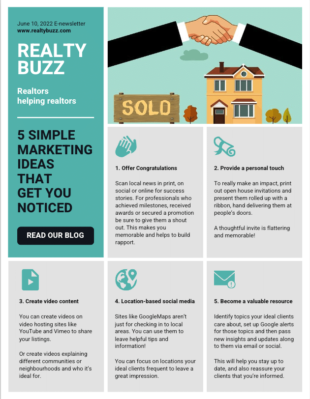 A newsletter template featuring marketing tips from realtors to other realtors