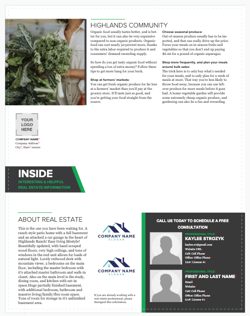 A two-page newsletter template with a section featuring the agents in a brokerage