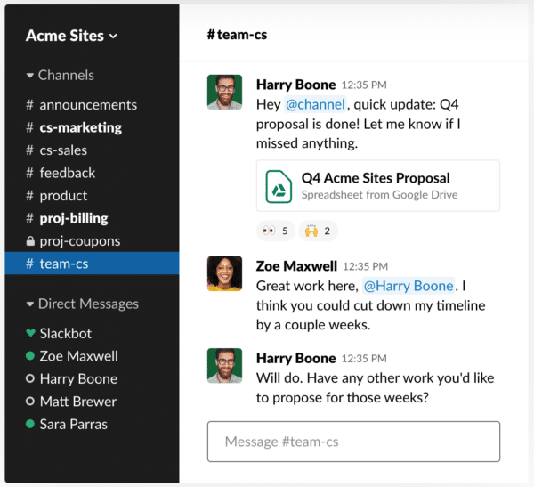 Slack channels and chat interface