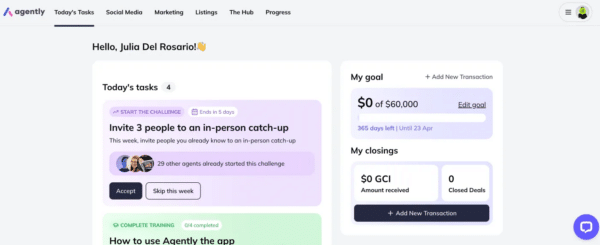 A solo agent's dashboard upon logging into Agently - today's tasks, goal tracker, and training courses to be completed