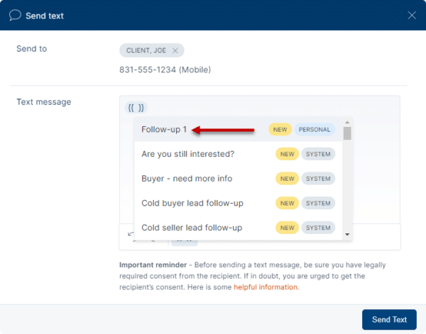 Top Producer text message staging within the CRM