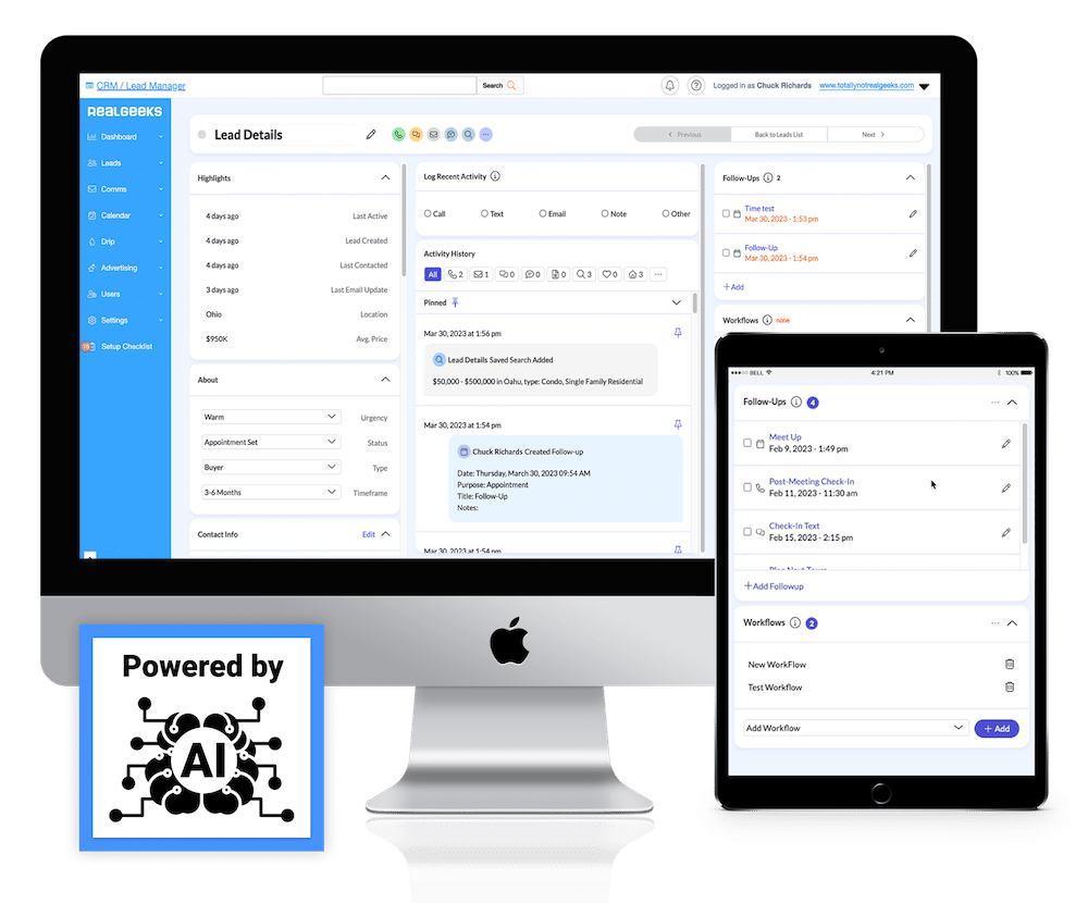 Real Geeks CRM dashboard on desktop and mobile.