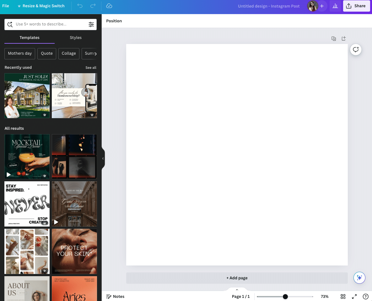 Canva's design page