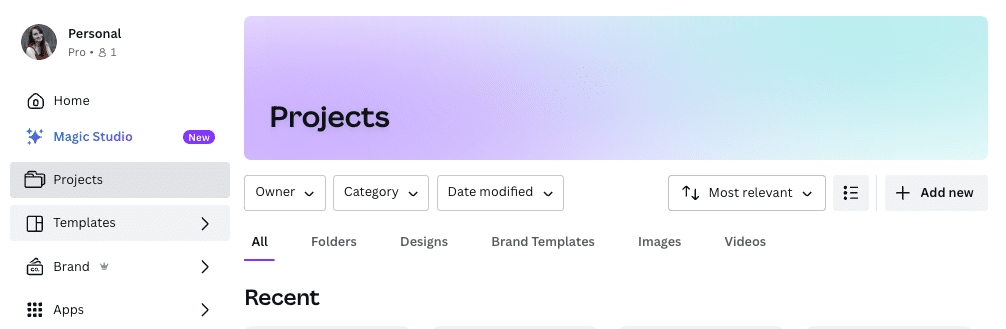 Canva projects folder in dashboard