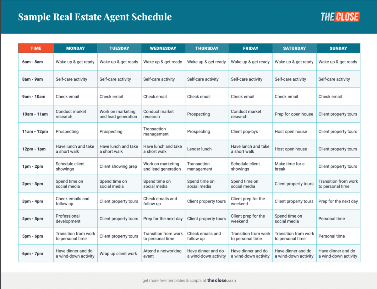 A sample real estate agent schedule with tasks listed during each day of the week.