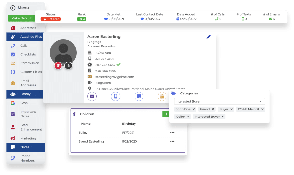 Client contact information in a CRM with outreach options.